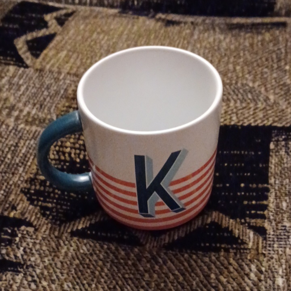 4/$40 Red & White Striped Mug With Blue Letter "K"